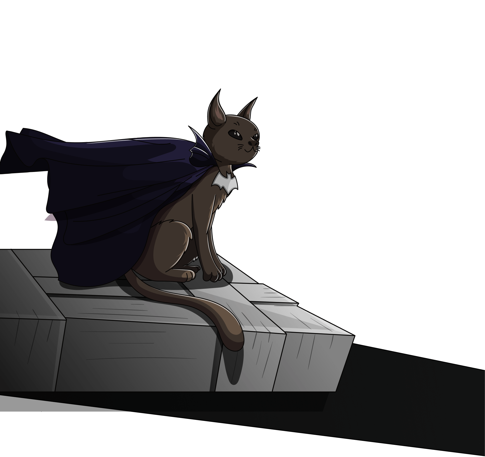 BATCAT, a black cat in a cape on a rooftop